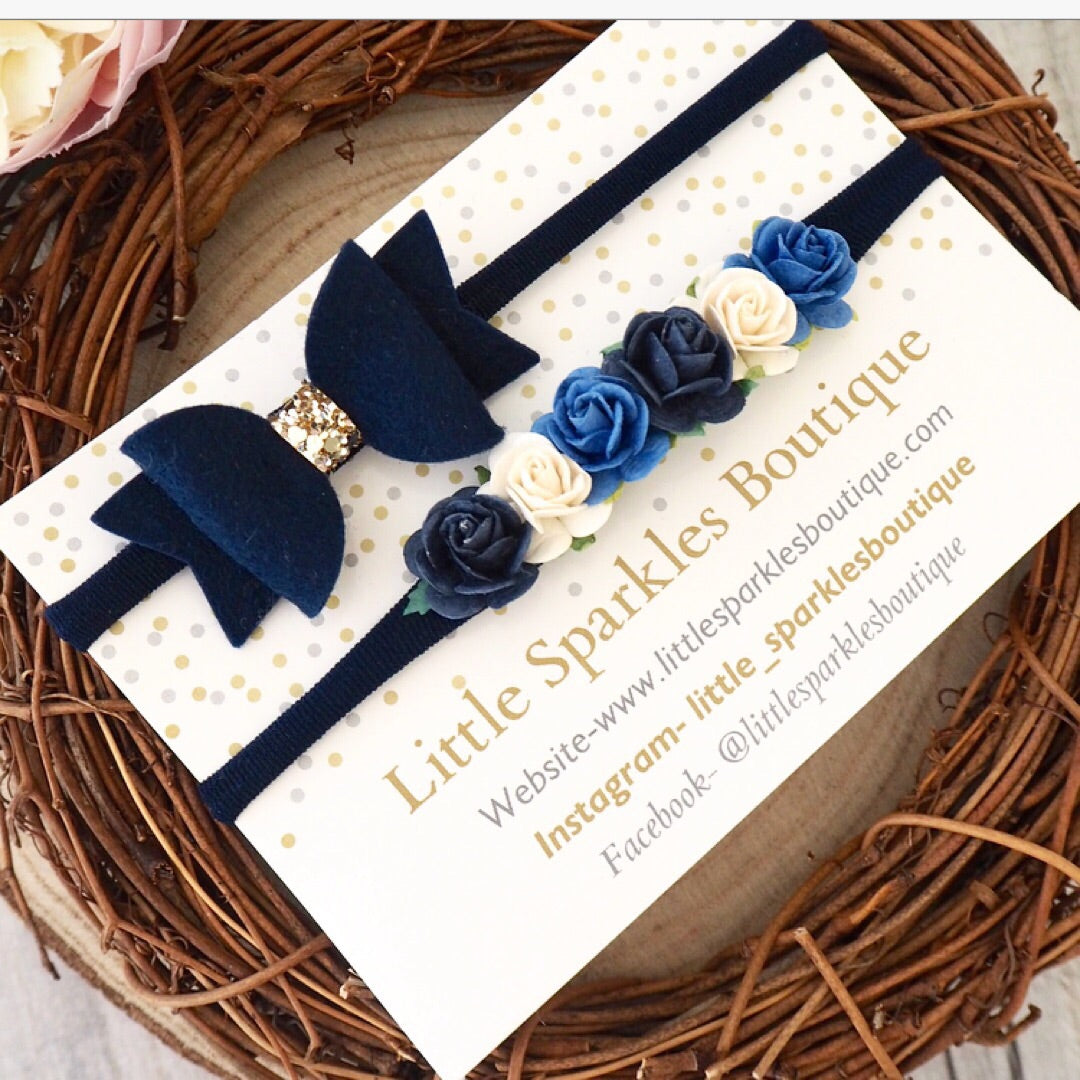 Navy Bow And Flower Bow Set
