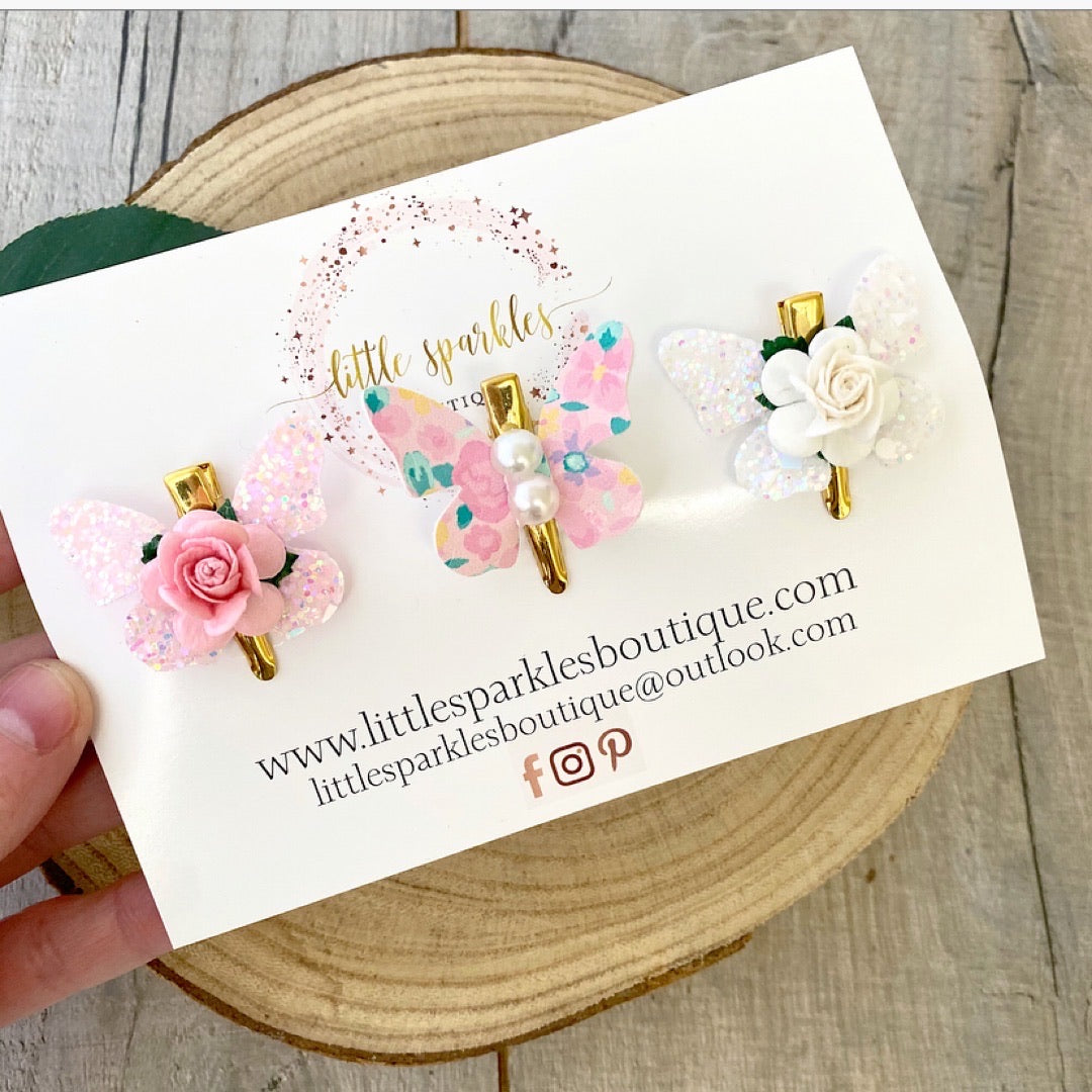 Pink And White Floral Butterfly Mini Clips