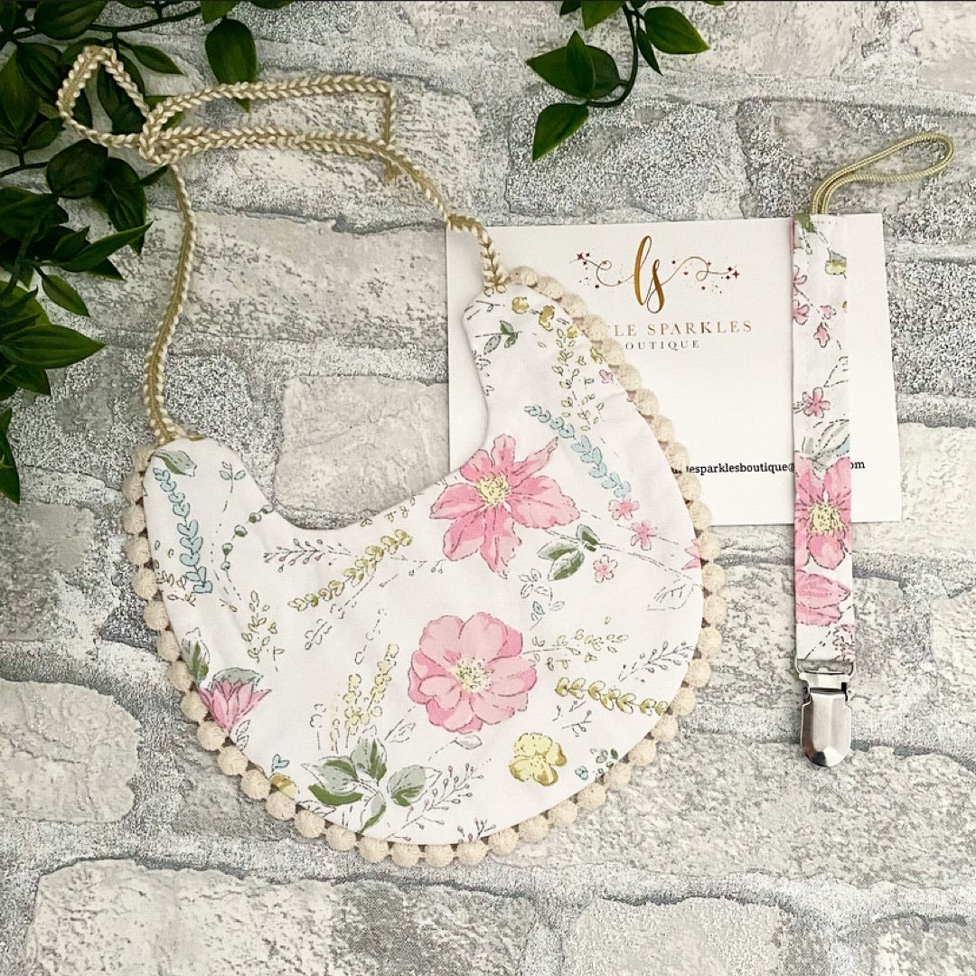 White Floral Bib And Dummy Clip