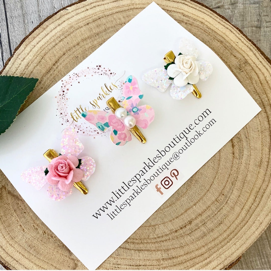 Pink And White Floral Butterfly Mini Clips