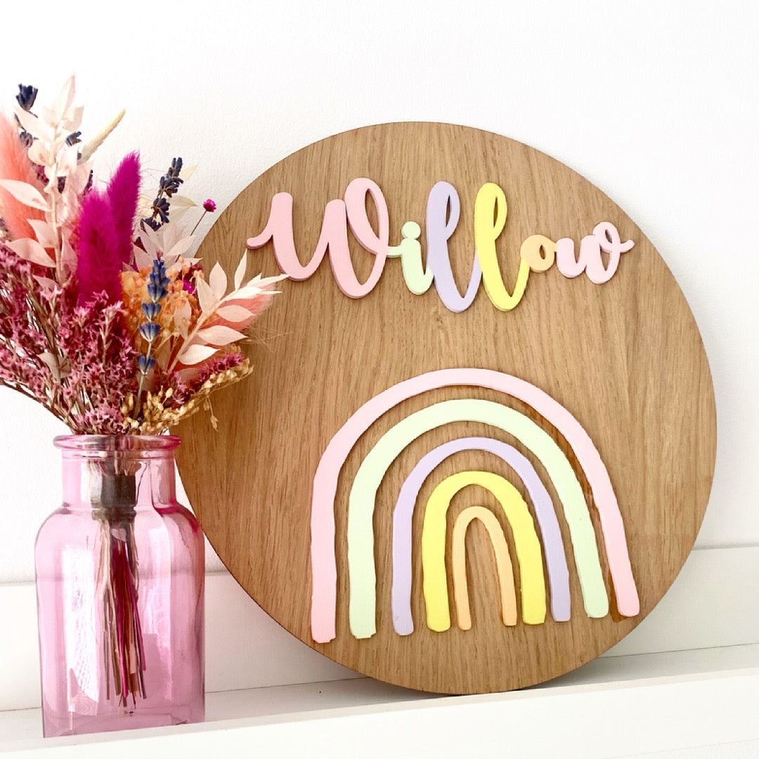 Oak veneer pastel rainbow personalised wooden name plaque