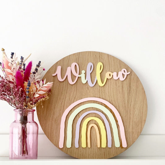 Oak veneer pastel rainbow personalised wooden name plaque