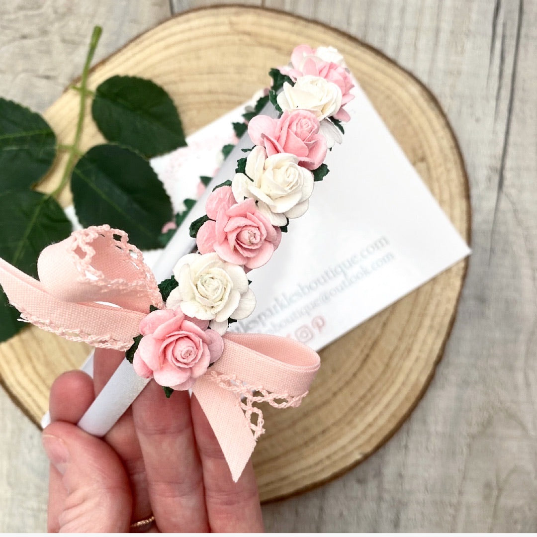 White And Pink Floral Alice Band