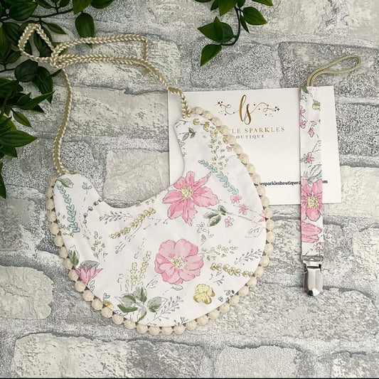 White Floral Bib And Dummy Clip