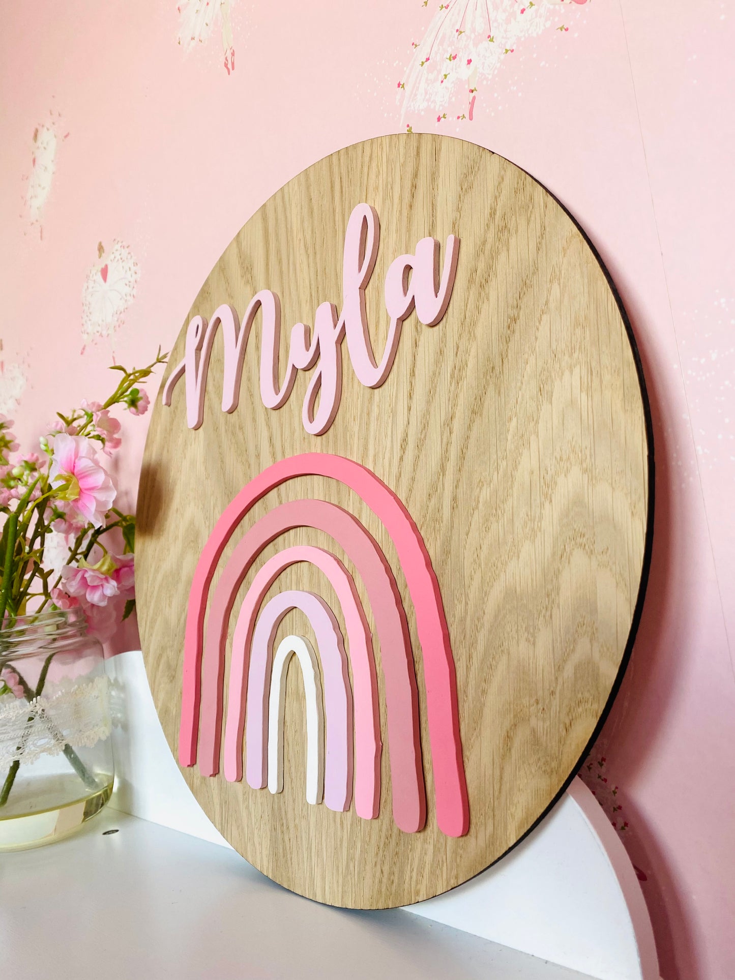 Oak veneer rainbow personalised wooden name plaque