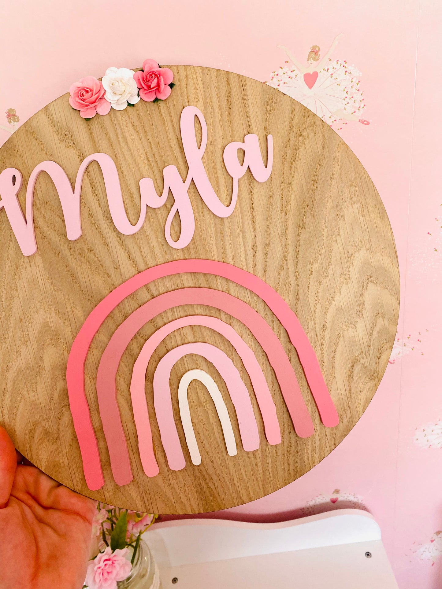 Oak veneer rainbow personalised wooden name plaque