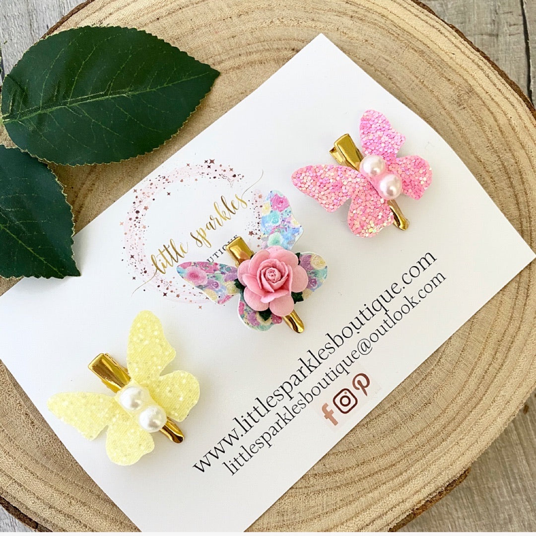 Pink And Lemon Butterfly Mini Clips Set