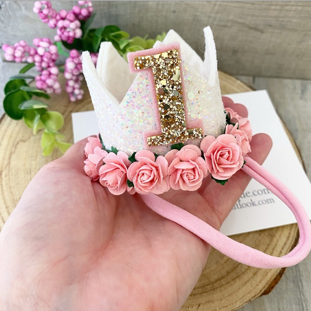 White Pink Floral Glitz Crown