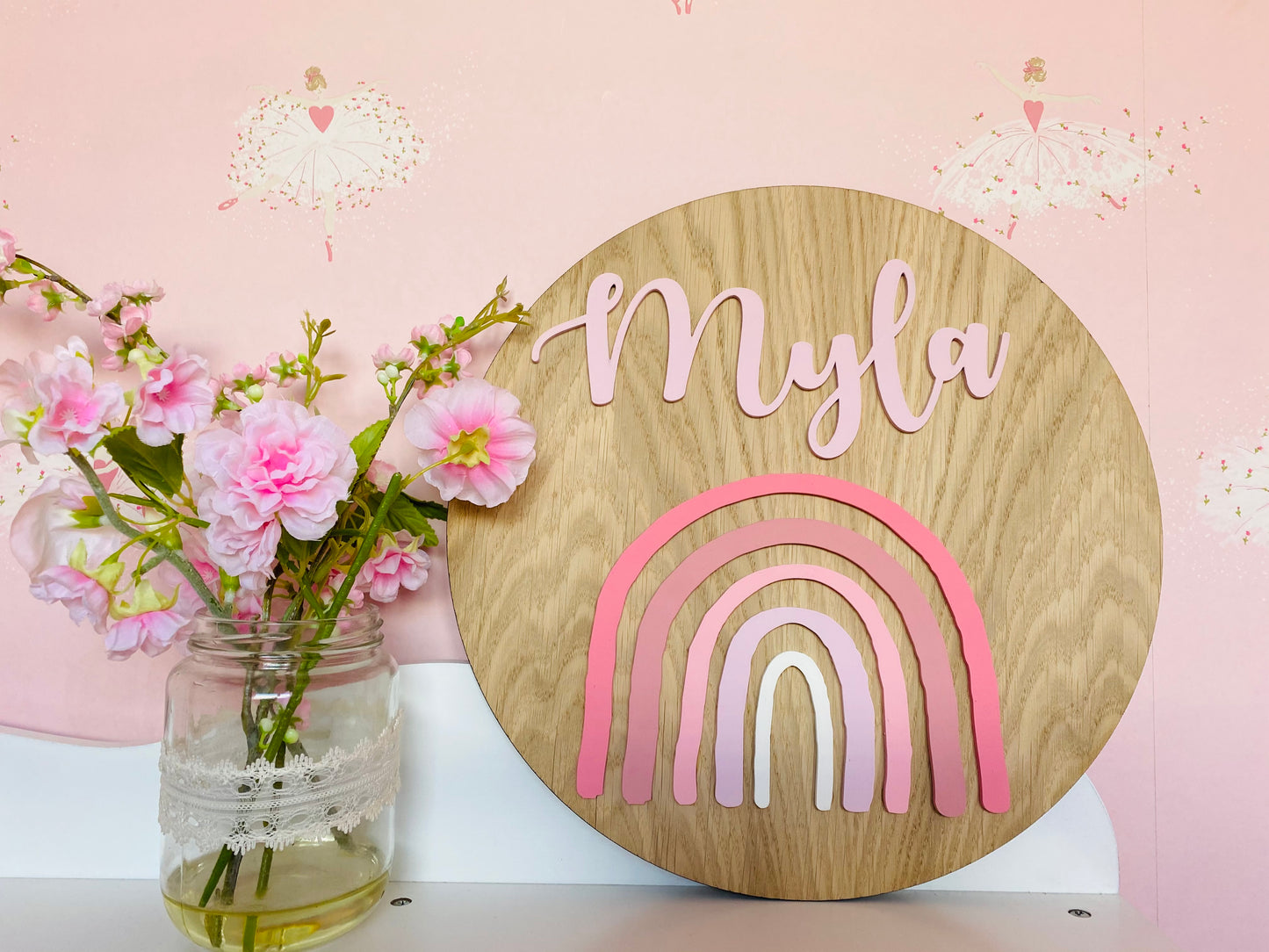 Oak veneer rainbow personalised wooden name plaque