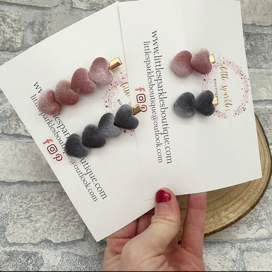 Velvet Grey And Pink Heart Clip set