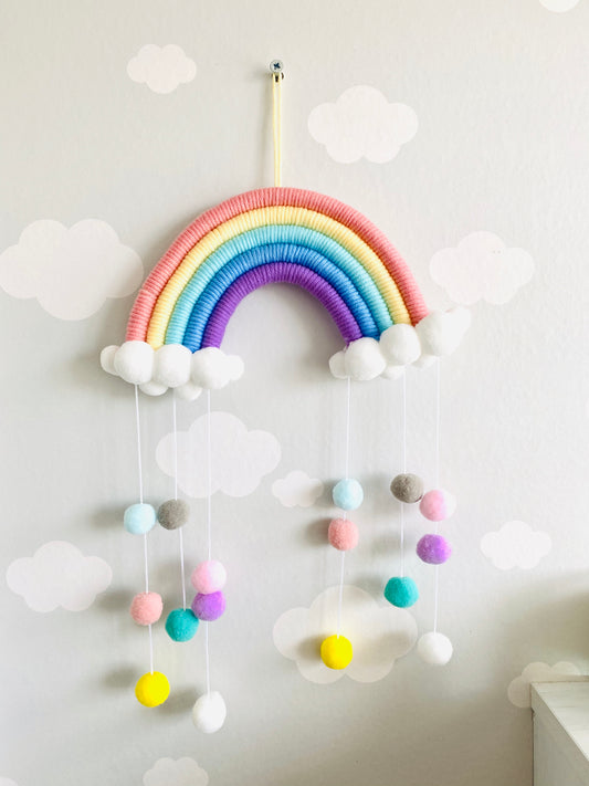 Childrens hanging Pom Pom macrame rainbow wall decor