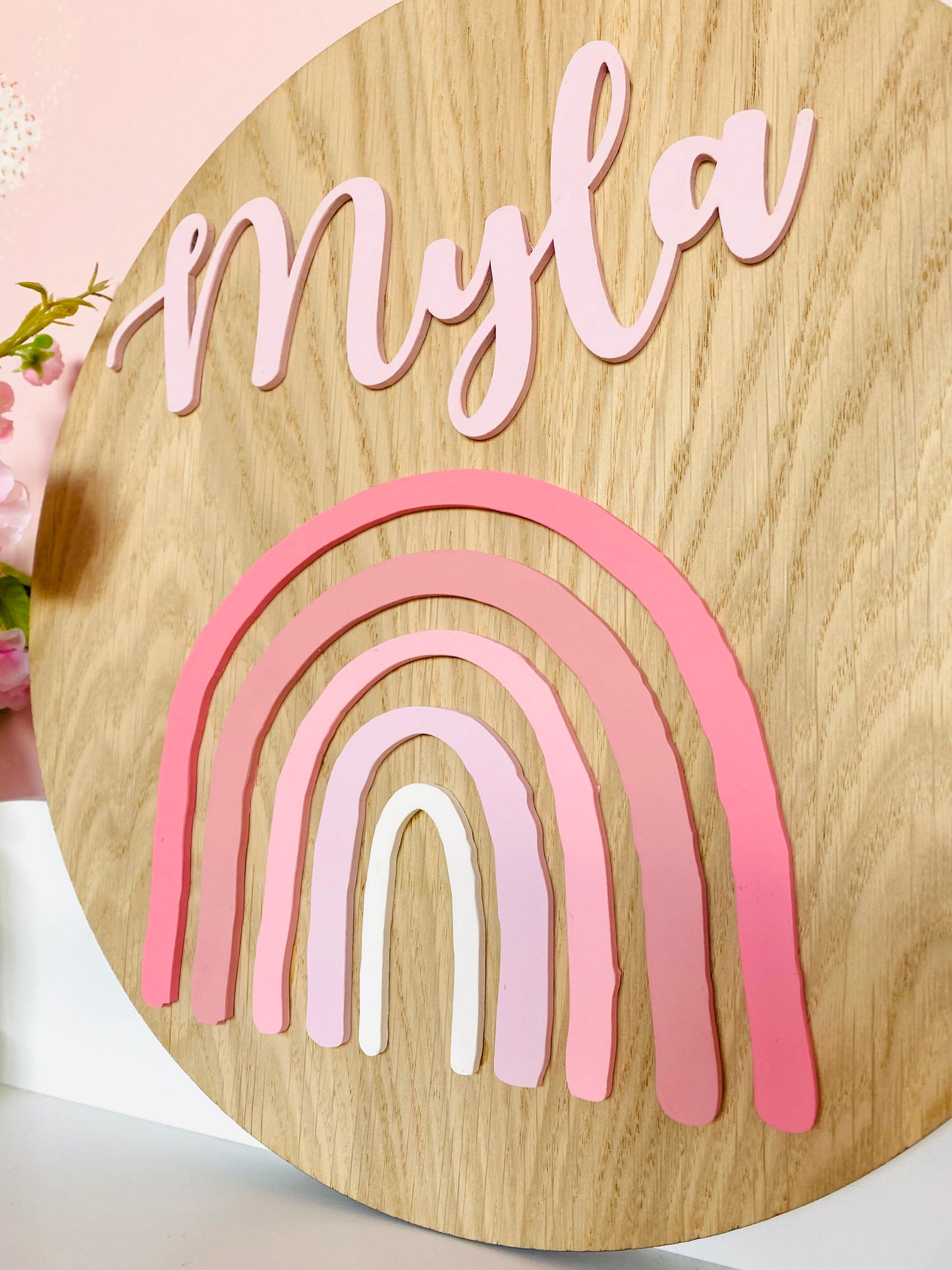Oak veneer rainbow personalised wooden name plaque