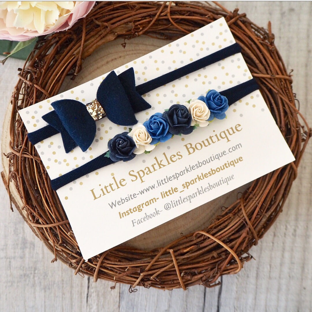 Navy Bow And Flower Bow Set