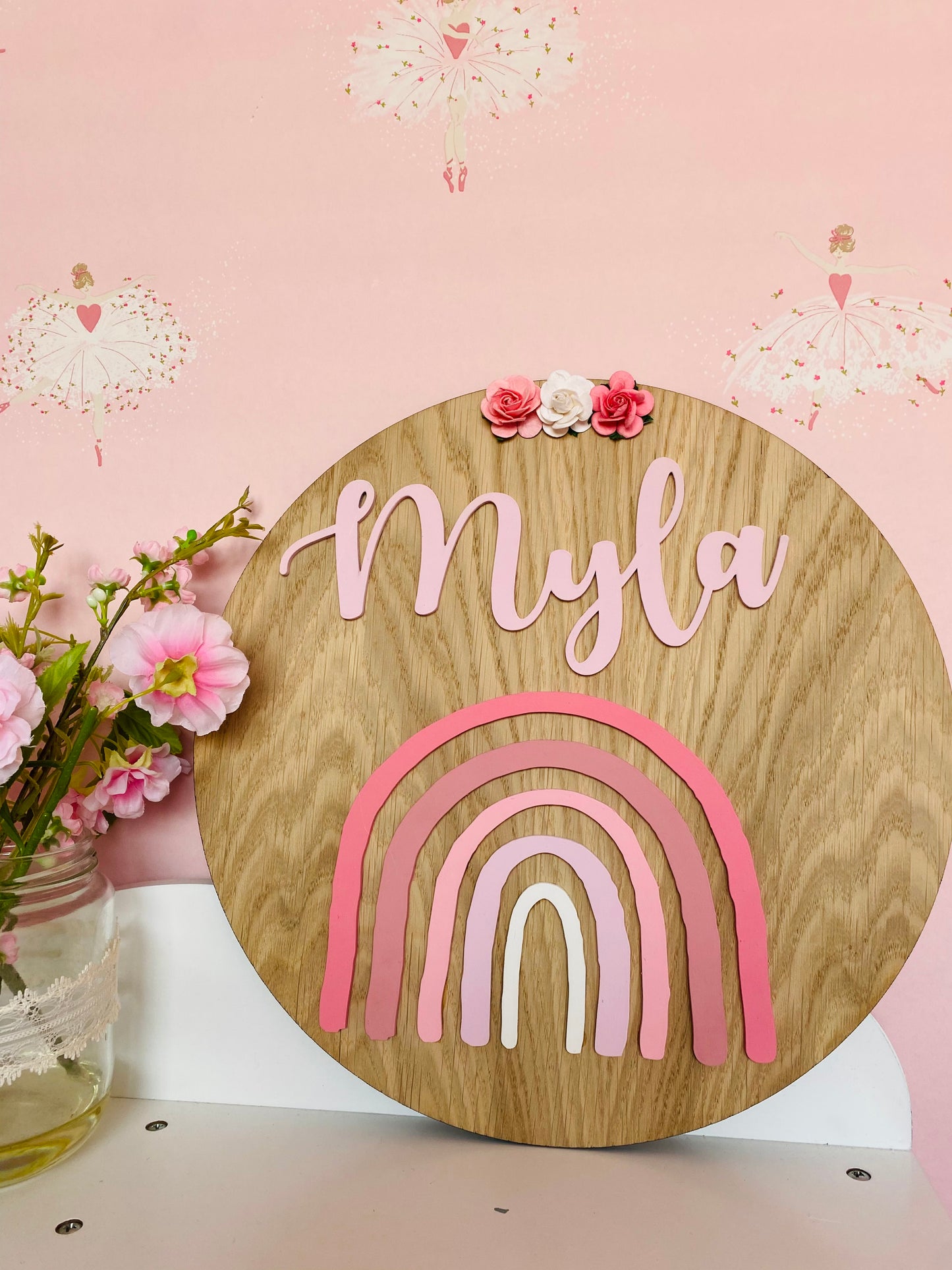 Oak veneer rainbow personalised wooden name plaque