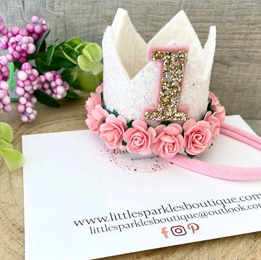 White Pink Floral Glitz Crown