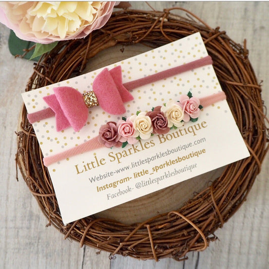 Dusky Pink Flower Bow Set